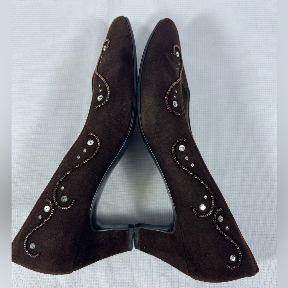 Vintage Yves Saint Laurent Suede Rhinestone Pumps Brown Size - Picture 6 of 10